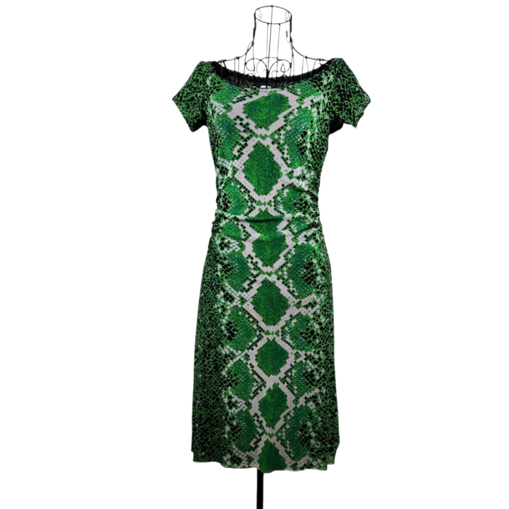 Kay Unger Green Snake Print Stretch Sheath Dress Size M Knee Length